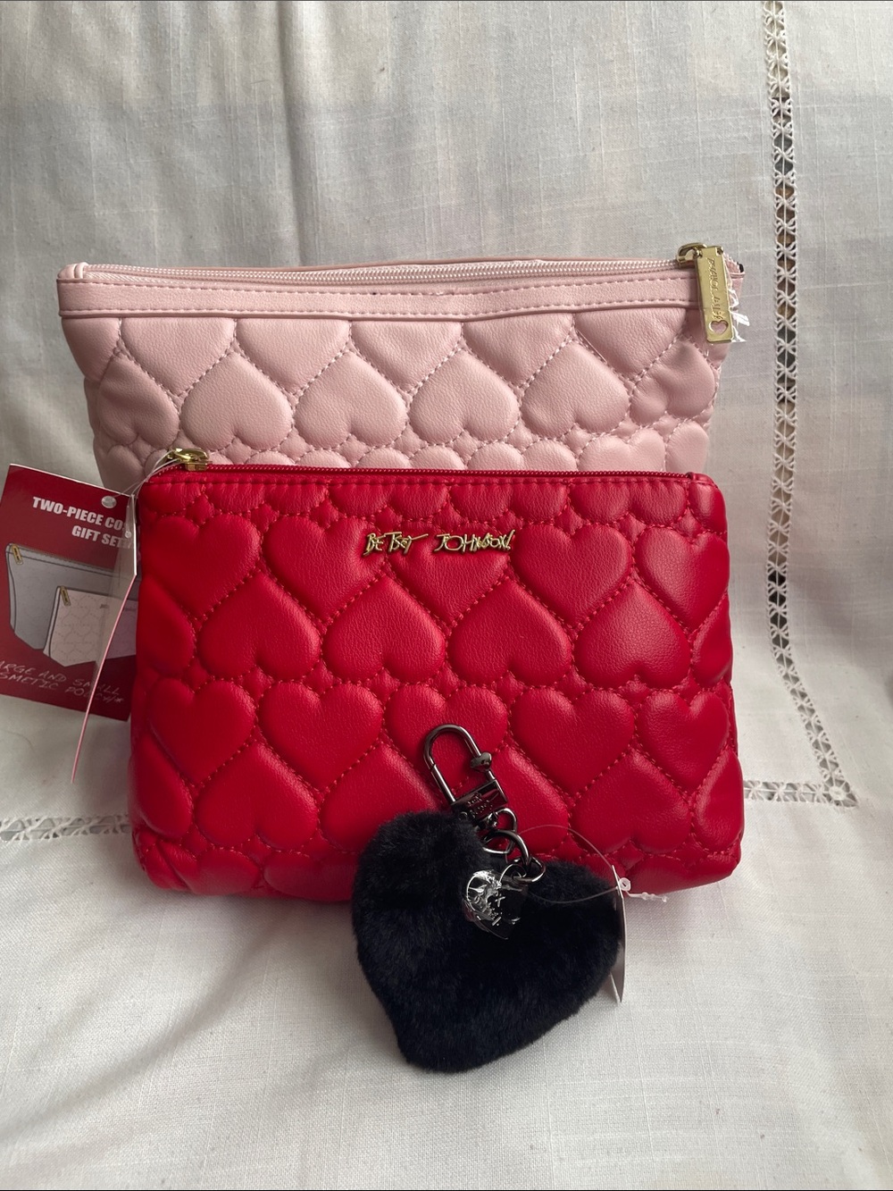 Betsey Johnson Red & Pink Quilted Heart Cosmetic Pouch With Black Bag Charm NWT